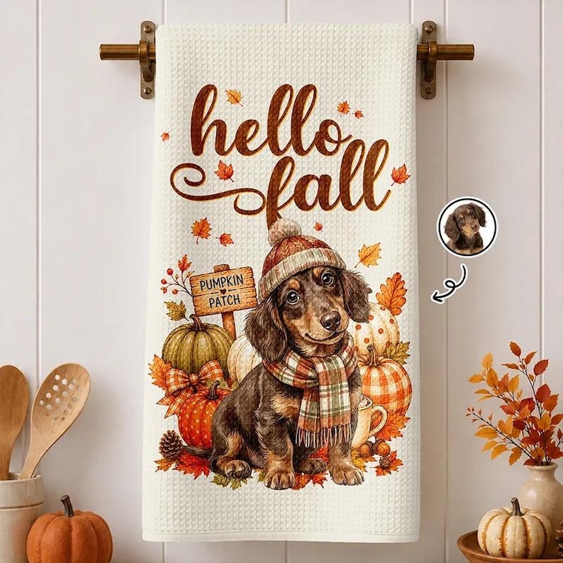 Personalized Fall Pet Portrait Kitchen Towel.