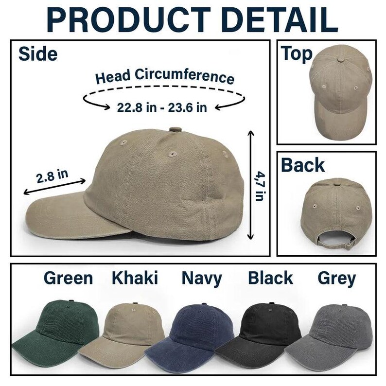 Puede incluir: Gorra de b&eacute;isbol caqui con visera curva de 7,1 cm de largo y una altura de 11,9 cm. La circunferencia de la cabeza es de entre 57,9 cm y 59,9 cm. Se muestran gorras adicionales en verde, azul marino, negro y gris.