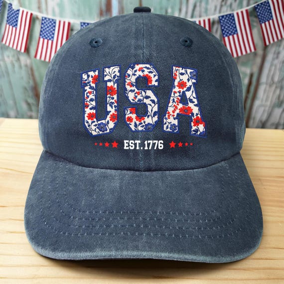 Floral USA Vintage Washed Denim Cap, Patriotic American Pride Hat, EST 1776 4th of July Baseball Hat, 250th Anniversary Gift for Her 2026