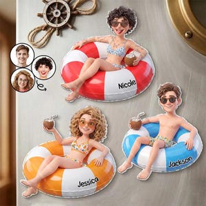 May include: Three custom magnets featuring cartoon-style figures in swimsuits on inflatable rings. One figure is labeled Nicole on a red and white ring, one is labeled Jessica on an orange and white ring, and one is labeled Jackson on a blue and white ring.