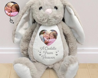 Personalized Memorial Bunny Plush With Photo, A Cuddle From Heaven Gift, Custom Sympathy Stuffed Animal Loss Of Loved One Gift
