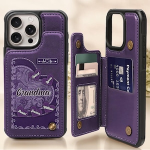 Personalized Grandma's Little Sweethearts Leather Wallet Phone Case, Custom Name Mom Phone Case, Nana Heart Design Flip Cover Gift For Her