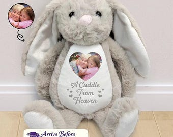 Personalized Memorial Bunny Plush With Photo, A Cuddle From Heaven Gift, Custom Sympathy Stuffed Animal Loss Of Loved One Gift