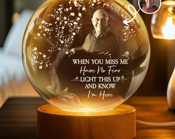 Personalized Memorial Crystal Globe Lamp, Custom Photo Night Light, In Loving Memory Keepsake, Sympathy Gift, Winter Remembrance Decor