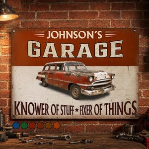 Placa de metal personalizada para garagem, placa vintage personalizada para garagem de carros, decoração para oficina mecânica, entendido de mecânica, consertador de coisas, presente para o pai