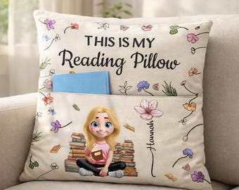 Personalized Reading Pillow Pocket Custom Book Lover Gift for Her Birth Month Flower Librarian Bookworm Gift Name Pillow Home Decor