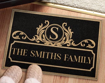 Personalized Family Name Doormat With Monogram, Custom Welcome Mat Gift, Elegant Housewarming Gift For Home Decor