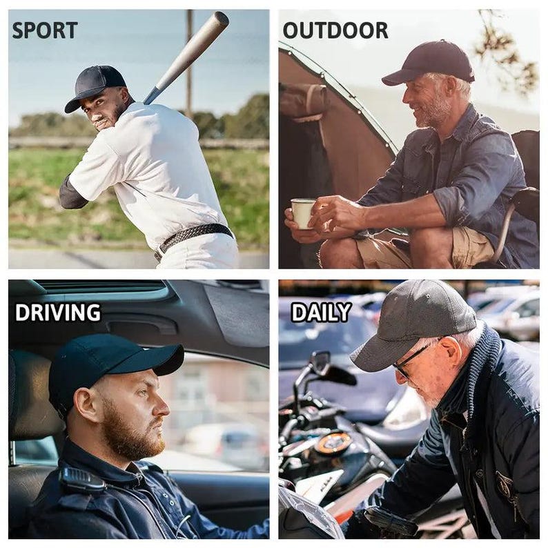 Puede incluir: Un collage de cuatro im&aacute;genes que muestran una gorra de b&eacute;isbol negra en diferentes entornos: deporte, actividades al aire libre, conducci&oacute;n y uso diario. La gorra es usada por diferentes personas en diversas actividades, destacando su versatilidad y estilo.