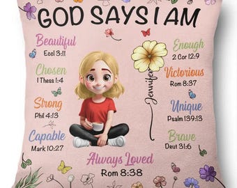 Personalized God Says I Am Pillow - Birth Month Flower Christian Gift - Custom Name Faith Cushion - Religious Decor Bible Verse Gift