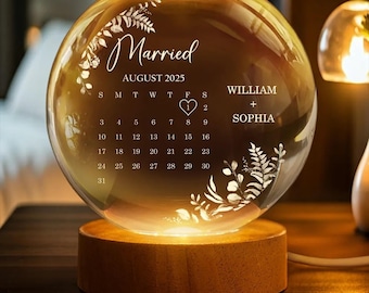 Personalized Wedding Crystal Globe Lamp, Custom Wedding Date Night Light, Engraved Couple Keepsake, Newlywed Anniversary Gift