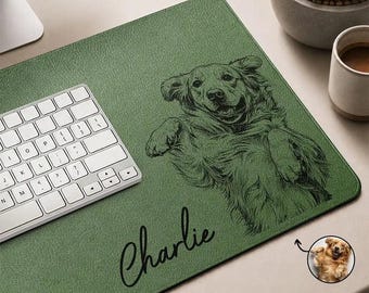 Custom Photo Sketch Pet Desk Mat, Personalized Leather Desk Mat, Dog Cat Portrait Mouse Pad, Custom Pet Lover Office Gift