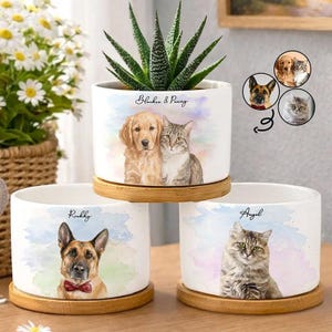Personalized Ceramic Plant Pot, Custom Watercolor Dog Cat Portrait Planter, Pet Memorial Gift, Pet Lover Gift, Indoor Succulent Pot