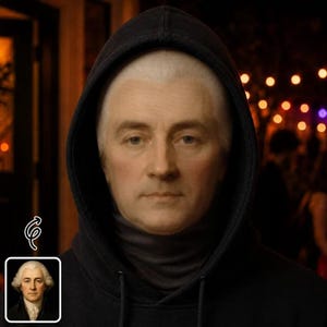 Op de afbeelding: Een portret van een persoon met wit gepoederd haar in een historische stijl, gekleed in een donkerzwarte hoodie. De persoon heeft een neutrale uitdrukking en een bleke huid. Een kleine afbeelding in de hoek toont dezelfde persoon in een pak.