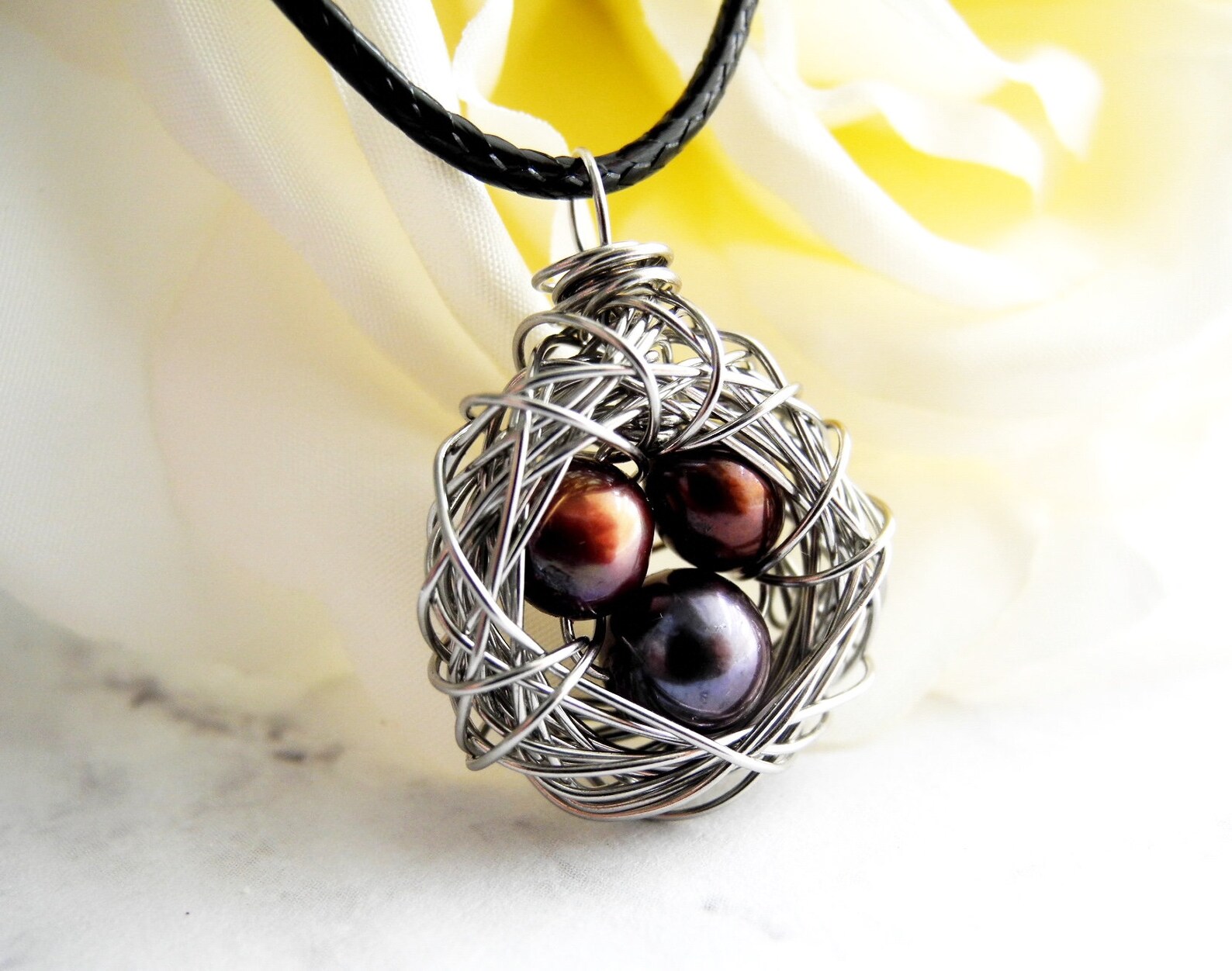 Bird Nest Necklace Three Pearl Eggs in a Wire Etsy