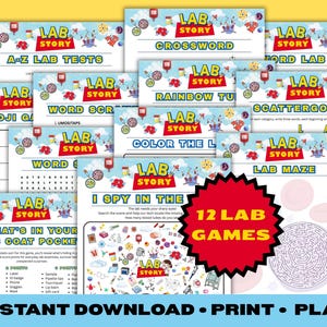 May include: A collection of 12 printable "Lab Story" games, including crossword puzzles, mazes, and word searches. The games feature colorful graphics and are designed for educational fun. The image includes the text "Instant Download • Print • Play".