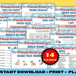 May include: A collection of 14 printable veterinary-themed activity sheets featuring games like word search, crossword, mad libs, and coloring pages. Each page has a light blue sky background with clouds, paw prints, and the text Veterinary.