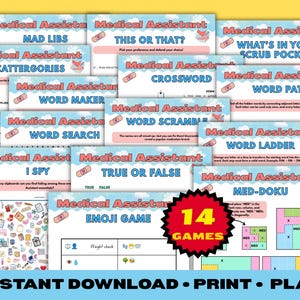 Puede incluir: Una colección de 14 hojas de actividades imprimibles para asistente médico que incluyen juegos como Mad Libs, Word Search, Crossword y Med-Doku. Cada página tiene un fondo de cielo azul claro con nubes, vendas e iconos médicos, con el texto 14 GAMES.