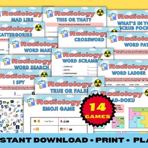 May include: A collection of 14 printable radiology-themed games including Mad Libs, This or That, Crossword, Word Path, Word Scramble, Word Search, Word Ladder, I Spy, True or False, and Emoji Game, all featuring a blue sky background and radiation symbols.
