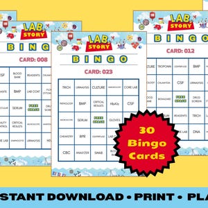 May include: A set of Lab Story Bingo cards with a science theme. The cards feature various lab-related terms and images. A red burst graphic indicates there are 30 bingo cards available. The text "INSTANT DOWNLOAD • PRINT • PLAY" is at the bottom.