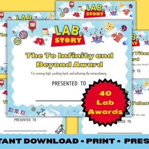 Pode incluir: Uma coleção de prêmios azuis claros e brancos com ilustrações com tema científico e o texto "LAB STORY". O prêmio principal diz "The To Infinity and Beyond Award" e "40 Lab Awards". O texto inferior diz "INSTANT DOWNLOAD • PRINT • PRESENT".