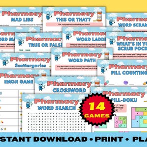 Puede incluir: Una colección de 14 juegos imprimibles con temática de farmacia, incluyendo sopas de letras, crucigramas y juegos de emojis. Cada hoja presenta un fondo de cielo azul, un personaje de píldora y un frasco con el texto Pharmacy.