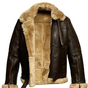 Men&#39;s RAF Real B3 Bomber Leather Jacket Flying Aviator Sheepskin Faux Fur Jacket, Genuine Handmade Brown Leather Jacket Coat For Winter
