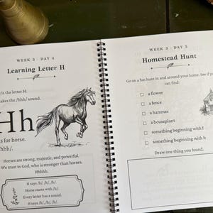 May include: A spiral-bound educational workbook open to two pages. The left page features the letter H, a horse illustration, and text including 'Learning Letter H' and 'H is for horse.' The right page is titled 'Homestead Hunt' with a checklist.