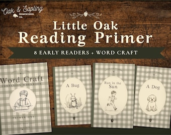 May include: A collection of children's reading primers with the title "Little Oak Reading Primer". The books feature illustrations of a boy reading, a bug, a boy running, and a dog. The covers have a gray and white checkered pattern.