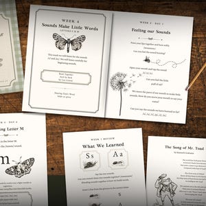 May include: A collection of educational curriculum pages titled Little Ears, Ready to Hear, featuring black and white illustrations of a butterfly, dandelion, moth, and toad. The text includes lessons on letter sounds, phonics, and reading exercises.