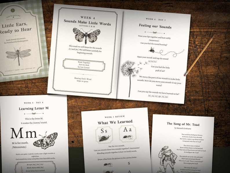 May include: A collection of educational curriculum pages titled Little Ears, Ready to Hear, featuring black and white illustrations of a butterfly, dandelion, moth, and toad. The text includes lessons on letter sounds, phonics, and reading exercises.