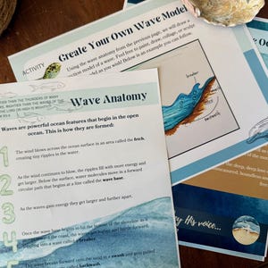 Peut inclure: Feuilles d'activit&eacute;s &eacute;ducatives sur le th&egrave;me de l'oc&eacute;an. Les feuilles comprennent des sch&eacute;mas de l'anatomie des vagues, des instructions pour cr&eacute;er un mod&egrave;le de vague et une illustration de dauphin. Le texte comprend la phrase "Create Your Own Wave Model".