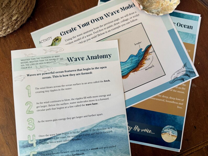 Peut inclure: Feuilles d'activit&eacute;s &eacute;ducatives sur le th&egrave;me de l'oc&eacute;an. Les feuilles comprennent des sch&eacute;mas de l'anatomie des vagues, des instructions pour cr&eacute;er un mod&egrave;le de vague et une illustration de dauphin. Le texte comprend la phrase "Create Your Own Wave Model".