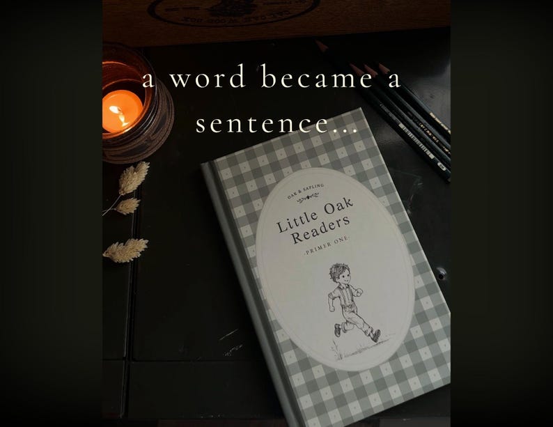 Puede incluir: Un libro titulado Little Oak Readers Primer One con una cubierta de cuadros grises y blancos. La cubierta presenta una etiqueta ovalada con una ilustraci&oacute;n en blanco y negro de un ni&ntilde;o corriendo. El texto a word became a sentence es visible.