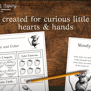 May include: Two worksheets with illustrations and text, designed for children. One worksheet is titled "Count and Color" and the other is titled "Slowly, Quickly." A pencil rests on the worksheets. The text "created for curious little hearts & hands" is at the top.