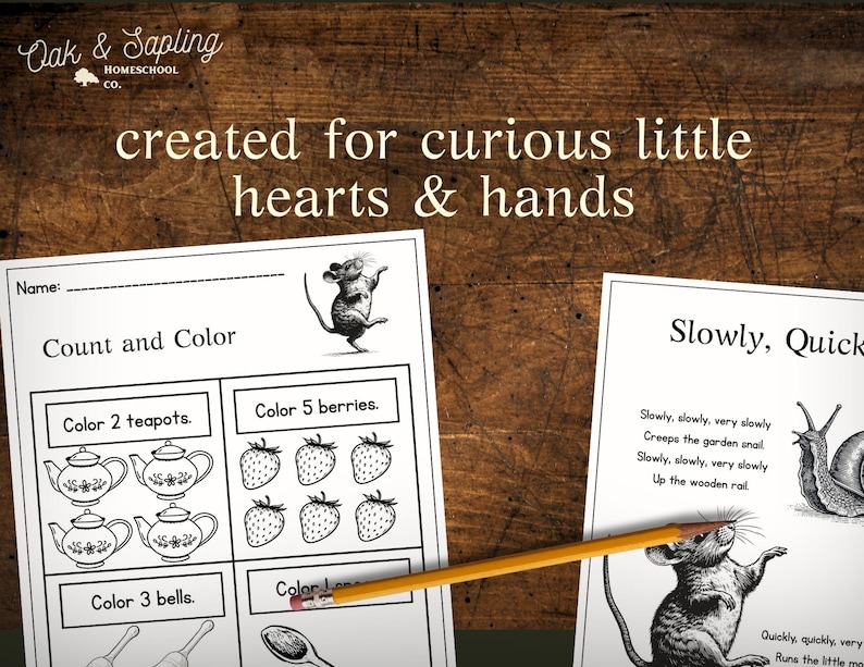 May include: Two worksheets with illustrations and text, designed for children. One worksheet is titled "Count and Color" and the other is titled "Slowly, Quickly." A pencil rests on the worksheets. The text "created for curious little hearts & hands" is at the top.