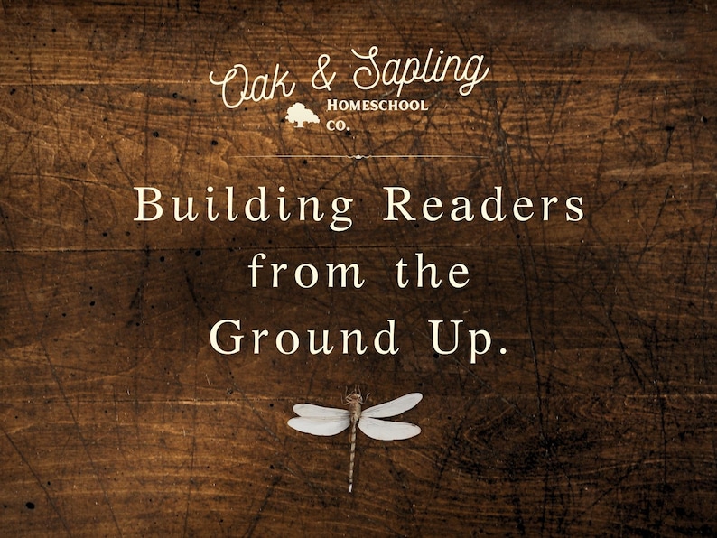 May include: A dark brown wood grain background featuring the white text Oak & Sapling HOMESCHOOL CO. with a small tree icon, followed by the text Building Readers from the Ground Up. A single dragonfly with white wings is centered at the bottom.