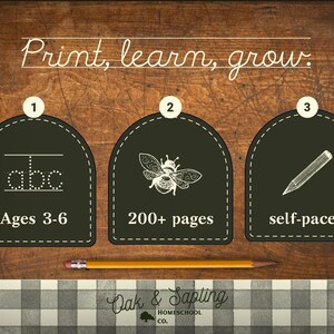 May include: Educational graphic with the text "Print, learn, grow." Features three dark green arched labels with white text and illustrations: ABCs, a bee, and a pencil. A pencil rests horizontally below the labels. The text "Ages 3-6" is visible.