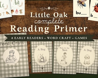May include: A complete reading primer set with the text "Little Oak complete Reading Primer" and "8 Early Readers + Word Craft + Games". The set includes workbooks and flashcards with illustrations of a bug, a dog, and a child running.