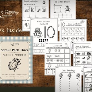 May include: A collection of educational worksheets for early learning, featuring insect matching, counting, and tracing activities. The Sprout Pack Three, titled "Paths & Puddles," includes pages for letters, numbers, and early learning. The worksheets are printed in black and white.