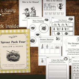 May include: A collection of educational printables for early learners. The Sprout Pack Four cover features a nest illustration and the text "Hollow & Hedge." Worksheets include letter tracing, matching, and counting activities, with illustrations of animals and objects.