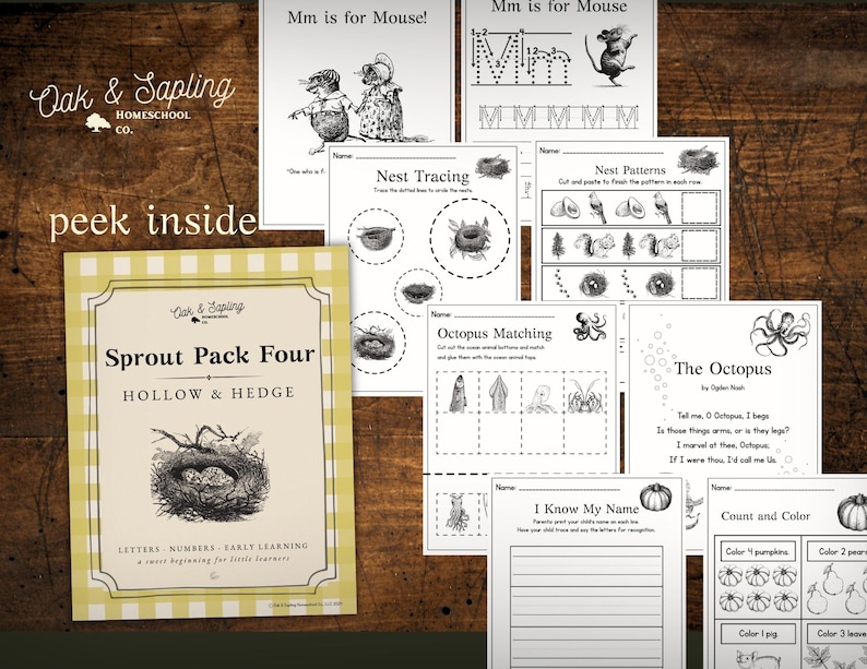 May include: A collection of educational printables for early learners. The Sprout Pack Four cover features a nest illustration and the text "Hollow & Hedge." Worksheets include letter tracing, matching, and counting activities, with illustrations of animals and objects.