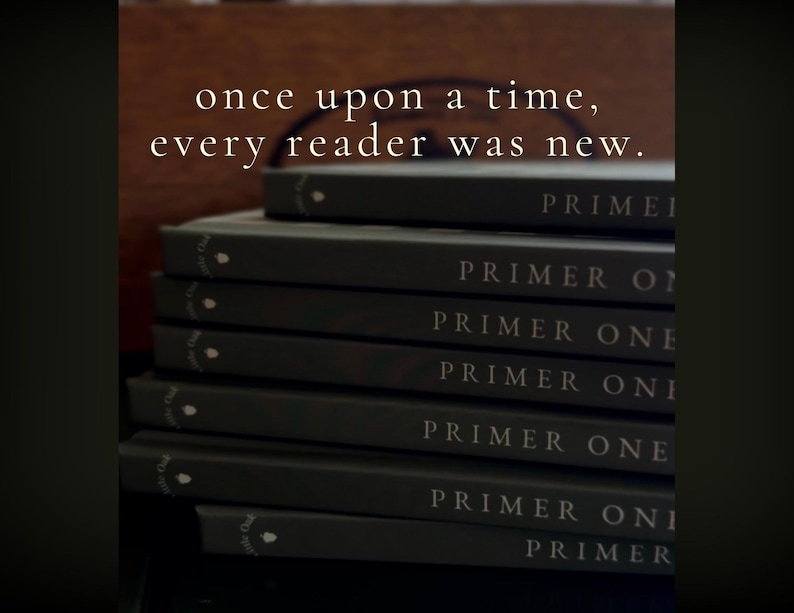 Puede incluir: Una pila de siete libros de color gris oscuro con el texto "PRIMER ONE" impreso en blanco en cada lomo. El texto "once upon a time, every reader was new." aparece en blanco sobre los libros. Cada lomo presenta un peque&ntilde;o icono de bellota.