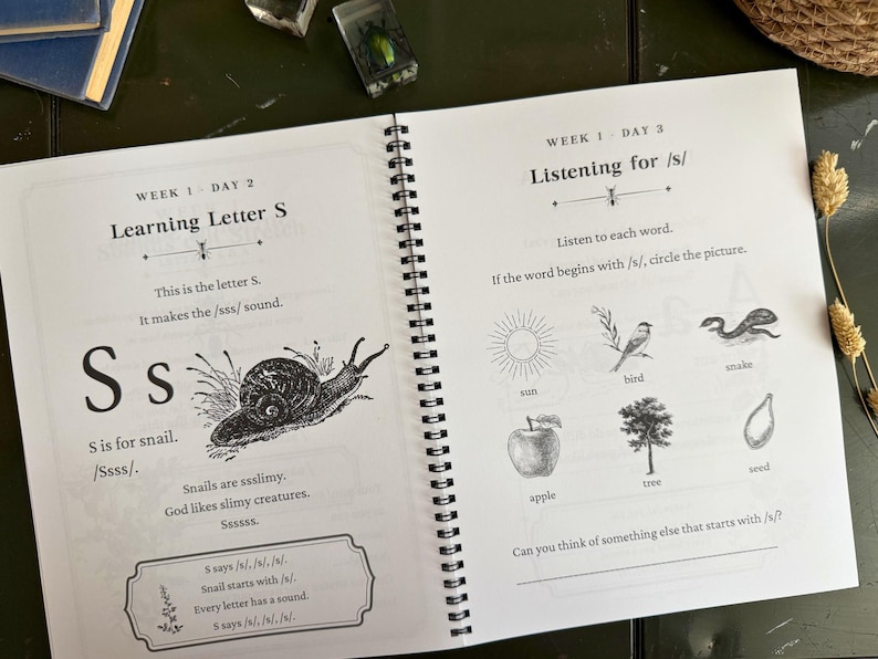 May include: A spiral-bound educational workbook open to two pages. The left page features the letter S, a snail illustration, and text about the /s/ sound. The right page titled Listening for /s/ displays illustrations of a sun, bird, snake, apple, tree, and seed.