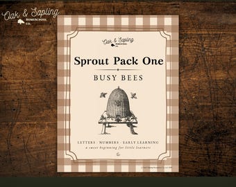 May include: A tan and brown educational print titled "Sprout Pack One Busy Bees" with a bee skep illustration. The print includes text about early learning for little learners. The background is a wood grain pattern.
