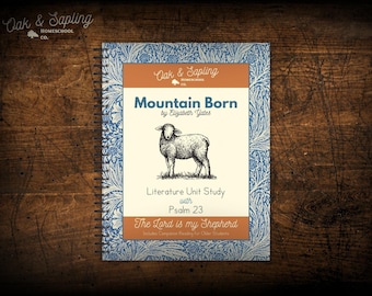 May include: A spiral-bound literature unit study book titled Mountain Born by Elizabeth Yates. The cover features a central illustration of a sheep, blue floral border patterns, and text including Psalm 23 and The Lord is my Shepherd.