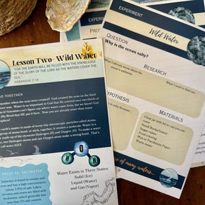 Peut inclure: Cartes de le&ccedil;on de sciences &eacute;ducatives sur une surface en bois. Les cartes pr&eacute;sentent le titre "Wild Water" et explorent des sujets tels que la salinit&eacute; des oc&eacute;ans et les &eacute;tats de l'eau. Les cartes comprennent des illustrations et du texte, avec un accent sur les exp&eacute;riences et la recherche.