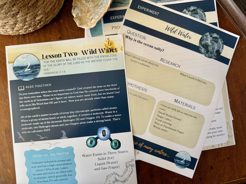 Peut inclure: Cartes de le&ccedil;on de sciences &eacute;ducatives sur une surface en bois. Les cartes pr&eacute;sentent le titre "Wild Water" et explorent des sujets tels que la salinit&eacute; des oc&eacute;ans et les &eacute;tats de l'eau. Les cartes comprennent des illustrations et du texte, avec un accent sur les exp&eacute;riences et la recherche.