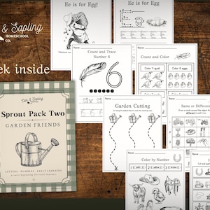 May include: A collection of educational worksheets for early learning, featuring the text "Sprout Pack Two GARDEN FRIENDS." The worksheets include activities for letters, numbers, and coloring, with illustrations of garden-themed objects.