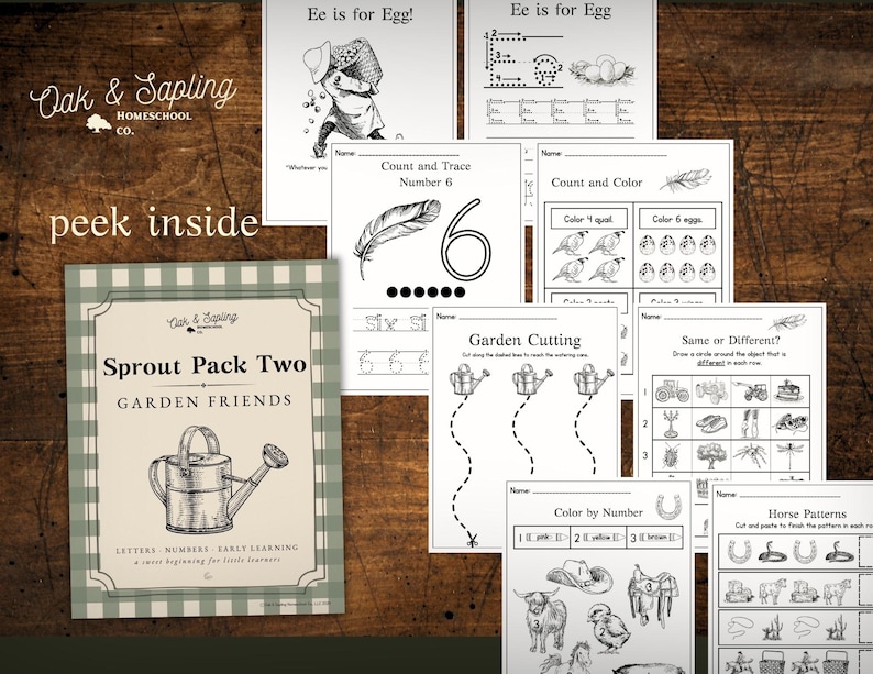 May include: A collection of educational worksheets for early learning, featuring the text "Sprout Pack Two GARDEN FRIENDS." The worksheets include activities for letters, numbers, and coloring, with illustrations of garden-themed objects.