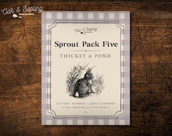 May include: A rectangular educational booklet titled Sprout Pack Five Thicket & Pond by Oak & Sapling Homeschool Co. The cover features a light purple and white gingham border, a black ink illustration of a rabbit, and the text Letters Numbers Early Learning a sweet beginning for little learners.